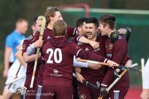 Home 67 Lee Morton and his Old Georgians teammatescelebrate after the opening goal Vs Surbiton - Image SmifSports