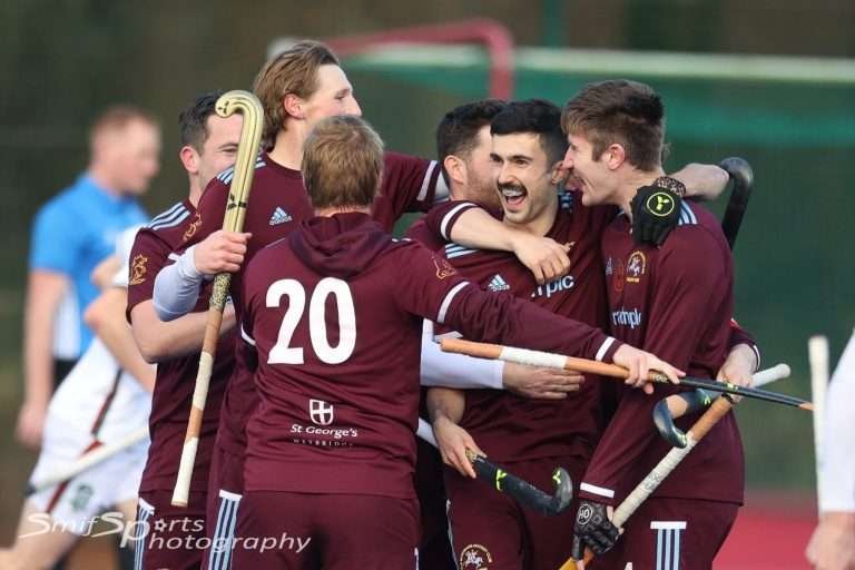 Home 13 Lee Morton and his Old Georgians teammatescelebrate after the opening goal Vs Surbiton - Image SmifSports